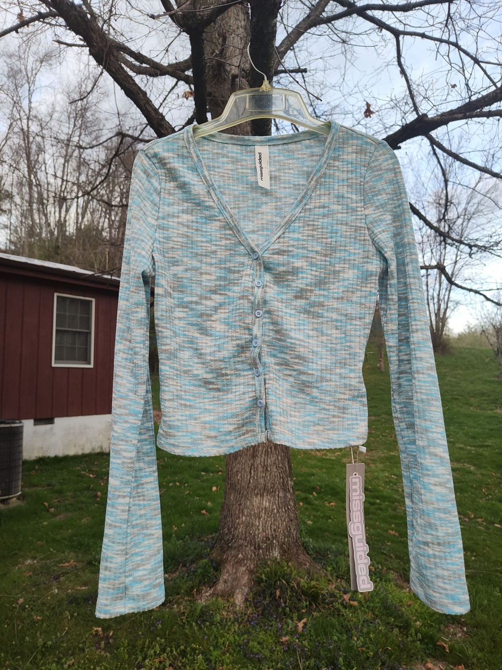 Missguided Blue Marled V-Neck Button Up Long Sleeve Top